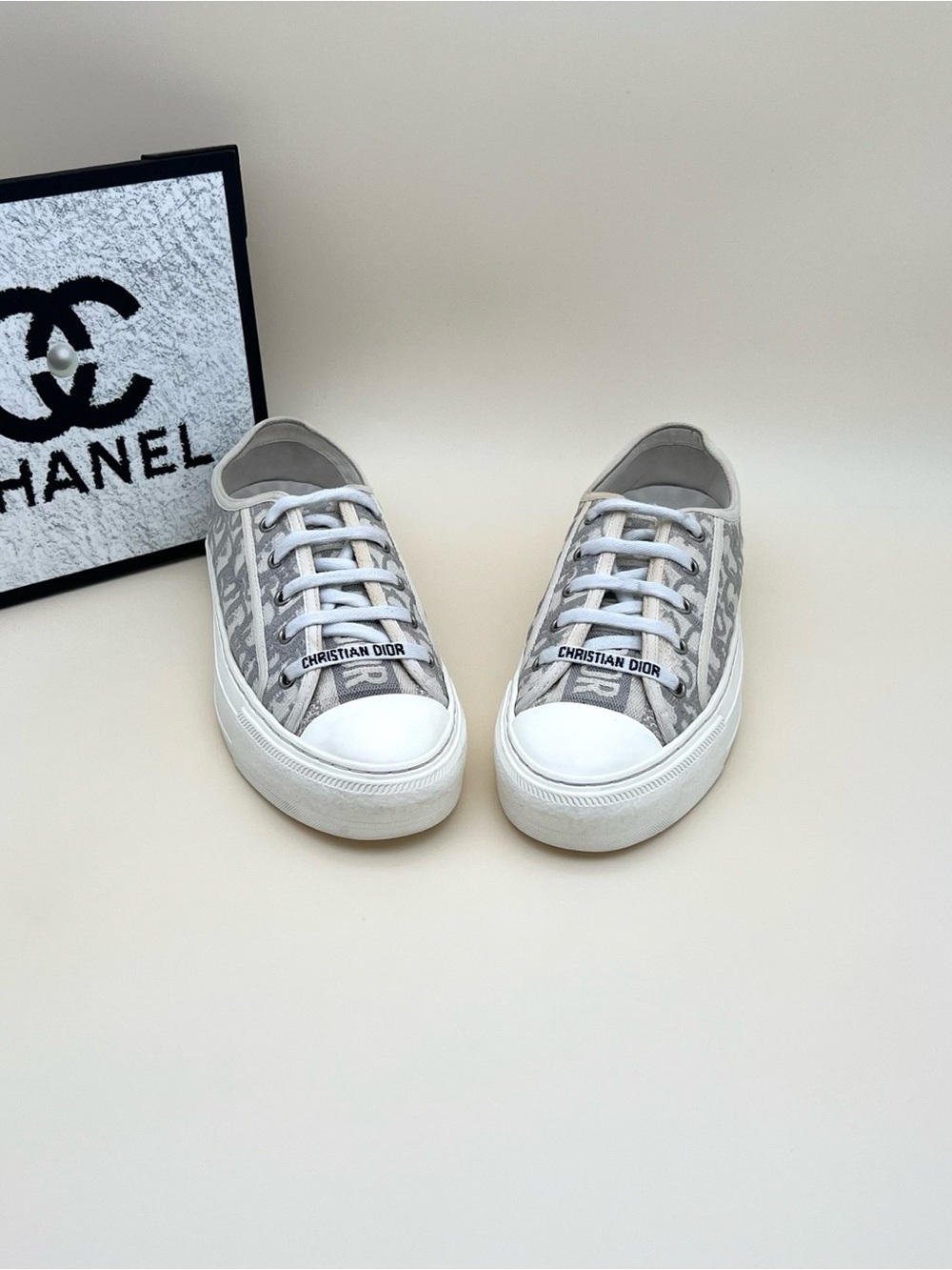 Dior White and Gray Monogram Low-Top Sneakers
